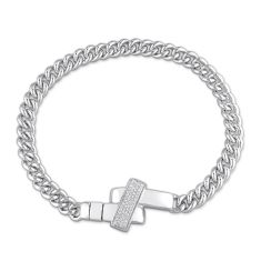 Men's 1/3ctw Diamond Crossover Sterling Silver Curb Link Chain Bracelet 1