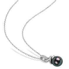 8-8.5mm Black Tahitian Cultured Pearl and Diamond Accent Sterling Silver Pendant Necklace
