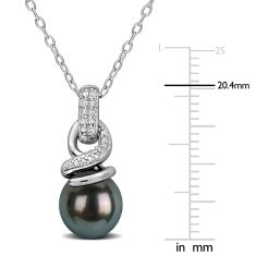 8-8.5mm Black Tahitian Cultured Pearl and Diamond Accent Sterling Silver Pendant Necklace