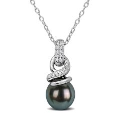 8-8.5mm Black Tahitian Cultured Pearl and Diamond Accent Sterling Silver Pendant Necklace 8-8.5mm Black Tahitian Cultured Pearl and Diamond Accent Sterling Silver Pendant Necklace