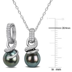 Cultured Black Tahitian Pearl and 1/7ctw Diamond Sterling Silver Necklace and Earring Gift Set