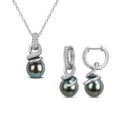 Cultured Black Tahitian Pearl and 1/7ctw Diamond Sterling Silver Necklace and Earring Gift Set 1