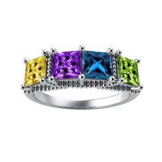 Mother's Custom Princess-Cut Birthstone Engravable Family Ring (4 Gemstones)