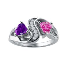Couple's Custom Birthstone and Created White Sapphire Engravable Heart Swirl Ring