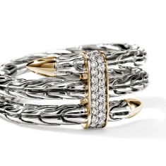 John Hardy Spear 1/8ctw Diamond Triple Tier Two-Tone Sterling Silver and 14k Yellow Gold Band
