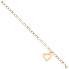 14k Yellow Gold Heart Charm Oval Link Bracelet