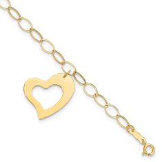 14k Yellow Gold Heart Charm Oval Link Bracelet