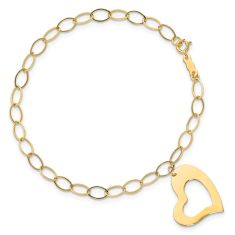 14k Yellow Gold Heart Charm Oval Link Bracelet