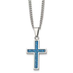 Stainless Steel Blue Carbon Fiber Inlay Cross Pendant Necklace 1