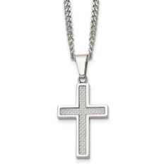 Stainless Steel Grey Carbon Fiber Inlay Small Cross Pendant Necklace