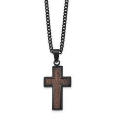 Black Ion-Plated Stainless Steel Wood Inlay Cross Pendant Necklace