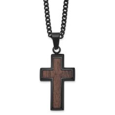 Black Ion-Plated Stainless Steel Wood Inlay Cross Pendant Necklace 1