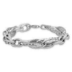 Sterling Silver 11mm Polished and Textured Fancy Link Chain Bracelet 1