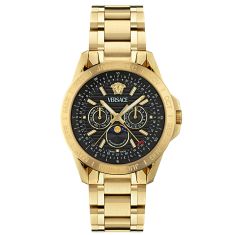 Versace V-Galaxy Moonphase Black Guilloche Dial IP Yellow Gold Bracelet Watch 43mm - VE0K00425