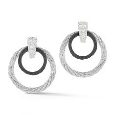 ALOR 1/15ctw Diamond Grey and Black Cable Stainless Steel and White Gold Droplet Earrings