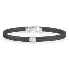 ALOR 1/20ctw Diamond Single Round Station Black Cable and White Gold Classic Stackable Bracelet