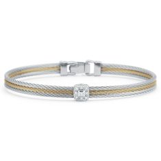 ALOR 1/20ctw Diamond Single Square Station Grey Cable, Yellow Cable, and White Gold Classic Stackable Bracelet