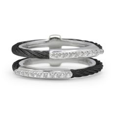 ALOR 1/6ctw Diamond Black Cable Stainless Steel and White Gold Petite Channel Bar Ring | Size 7