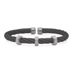 ALOR 1/6ctw Diamond Black Cable Stainless Steel and White Gold Triple Barrel Cuff Bracelet 5mm