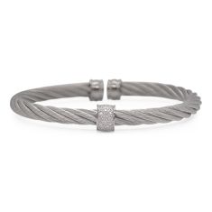 ALOR 1/8ctw Diamond Grey Cable Stainless Steel and White Gold Single Barrel Cuff Bracelet 5mm