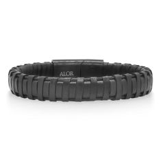 ALOR Black Leather and Black Cable Stainless Steel Wrapped Bracelet | Men's