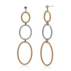 ALOR Carnation, Grey, and Yellow Cable Stainless Steel Triple Drop Oval Earrings