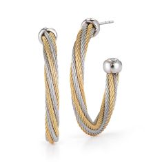 ALOR Grey and Yellow Stainless Steel and White Gold Twisted Cable Hoop Earrings