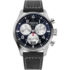 Alpina Startimer Pilot Quartz Chronograph Big Date Black Leather Strap Watch | 44mm | AL-372NS4S6