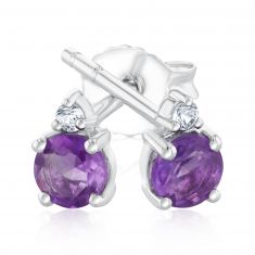 Round Amethyst and Created White Sapphire Sterling Silver Stud Earrings