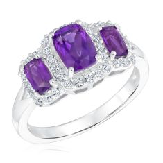 Amethyst and Created White Sapphire Sterling Silver Three-Stone Ring