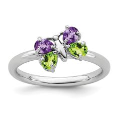 Amethyst and Peridot Butterfly Sterling Silver Stackable Ring