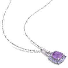 Amethyst, Tanzanite and 1/20ctw Diamond Sterling Silver Pendant Necklace