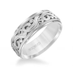 ArtCarved Engraved Open Scroll Design White Gold Comfort Fit Wedding Band 7.5mm