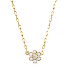 Bassali Freshwater Cultured Pearl and 1/10ct Diamond Flower Yellow Gold Necklace