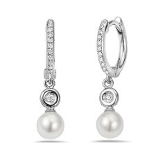 Bassali Freshwater Cultured Pearl and 1/10ctw Diamond White Gold Drop Hoop Earrings