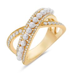Bassali Freshwater Cultured Pearl and 1/3ctw Diamond Yellow Gold Crossover Ring