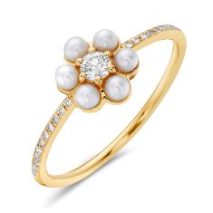 Bassali Freshwater Cultured Pearl and 1/6ctw Diamond Flower Yellow Gold Ring