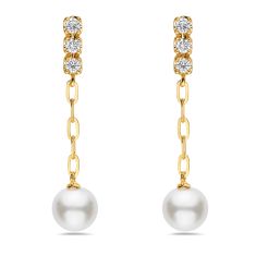 Bassali Freshwater Cultured Pearl and 1/6ctw Diamond Yellow Gold Drop Earrings