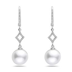 Bassali Freshwater Cultured Pearl and 1/8ctw Diamond White Gold Drop Earrings