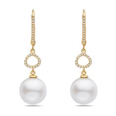 Bassali Freshwater Cultured Pearl and 1/8ctw Diamond Yellow Gold Drop Earrings