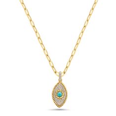 Bassali Turquoise and 1/6ctw Diamond Evil Eye Yellow Gold Pendant Necklace