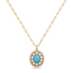 Bassali Turquoise, Freshwater Cultured Pearl, and 1/10ctw Diamond Oval Yellow Gold Pendant Necklace
