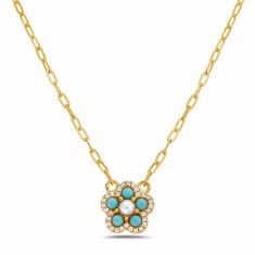 Bassali Turquoise, Freshwater Cultured Pearl, and 1/15ctw Diamond Flower Yellow Gold Necklace