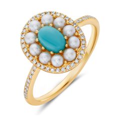 Bassali Turquoise, Freshwater Cultured Pearl, and 1/8ctw Diamond Oval Yellow Gold Ring