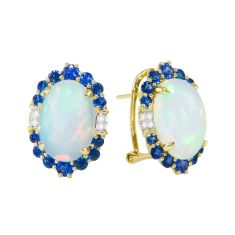 BELLARRI Athena Opal, Blue Sapphire, and 1/10ctw Diamond Yellow Gold Earrings