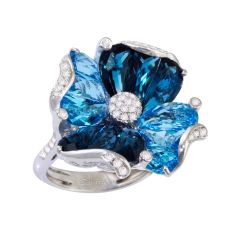 BELLARRI Mademoiselle Blue Topaz and 1/4ctw Diamond White Gold Flower Ring
