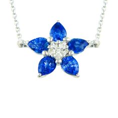 BELLARRI Princessa Blue Sapphire and 1/6ctw Diamond Flower White Gold Necklace