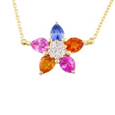 BELLARRI Princessa Rainbow Sapphire and 1/6ctw Diamond Flower Yellow Gold Necklace