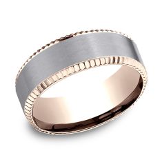 Grey Tantalum and Rose Gold Coin Edge Comfort Fit Wedding Band 8mm