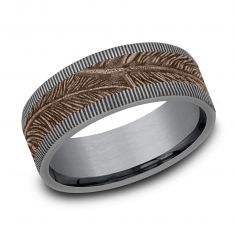 Benchmark Grey Tantalum and Rose Gold Feather Pattern Coin Edge Comfort Fit Band | 8mm